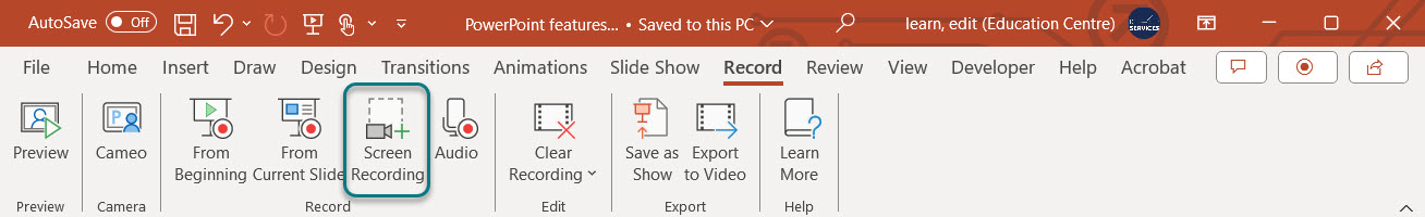 You can access the &lsquo;screen recording&rsquo; feature from the &lsquo;record&rsquo; ribbon of PowerPoint.
