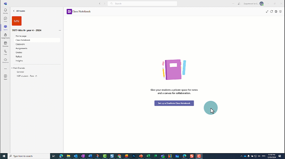 Steps for creating a Class Notebook within a Class Team.  Click on the Class Notebook tab, click on Set up a OneNote Class Notebook, remove any sections from the default, click Create.