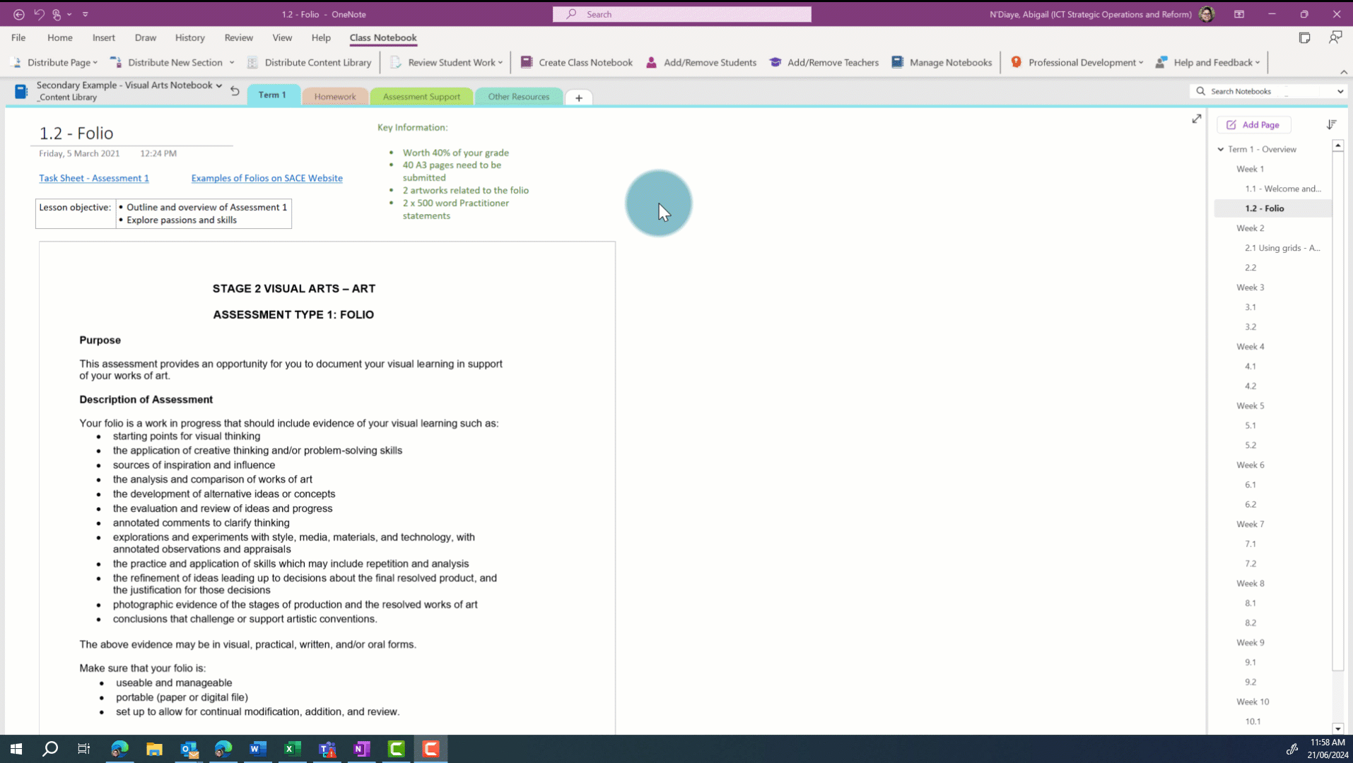 teacher uses the Distribute page function to distribute an Assignment page to students.  The page then appears in the students&rsquo; folders in the Assignment 1 section as a page.