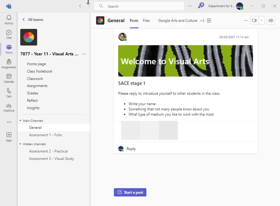 Class Teams showing a welcome announcement posted in the general channel. 