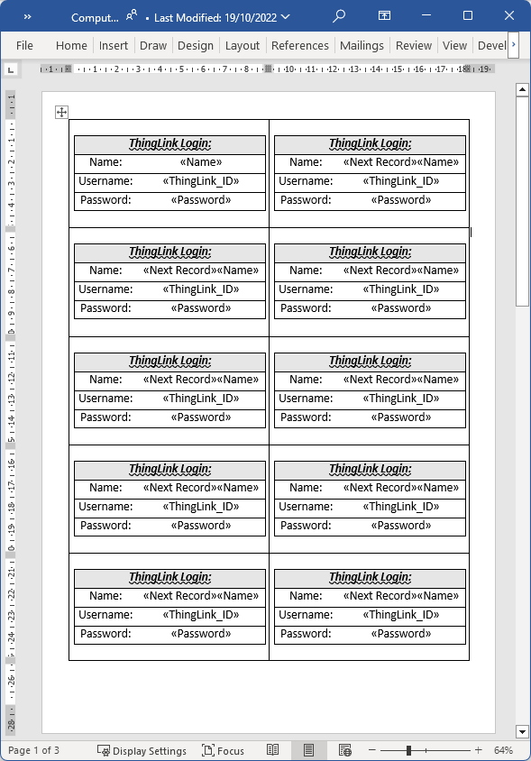 Mail merge Word Document template for creating student login cards showing 10 cards with fields for the students&rsquo; name, username and password.