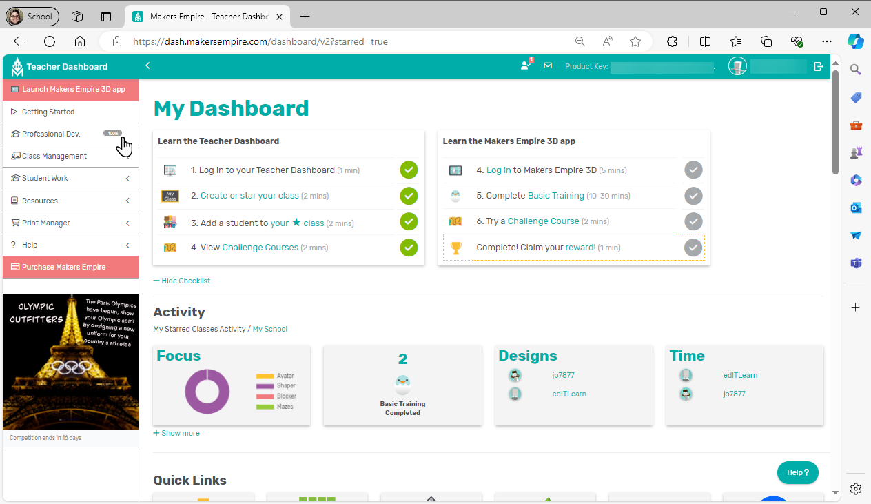 Teacher dashboard home page showing the left side menu with the options 'Launch Makers Empire 3D app', 'Getting Started', 'Professional Dev.', 'Class Management', 'Student Work', 'Resources', 'Print Manager', 'Help', and 'Purchase Makers Empire'. The main workspace displays a getting-started checklist and class activity.