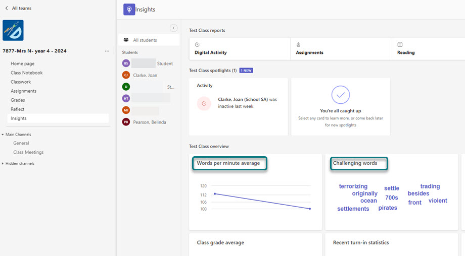 Insight tab in the Class Team showing class report indicating words per minute and challenging words.