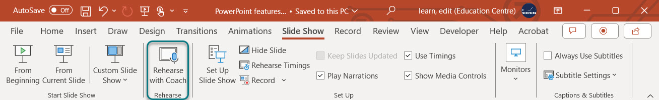Access the &lsquo;rehearse with coach&rsquo; feature from the &lsquo;slide show&rsquo; ribbon in PowerPoint.