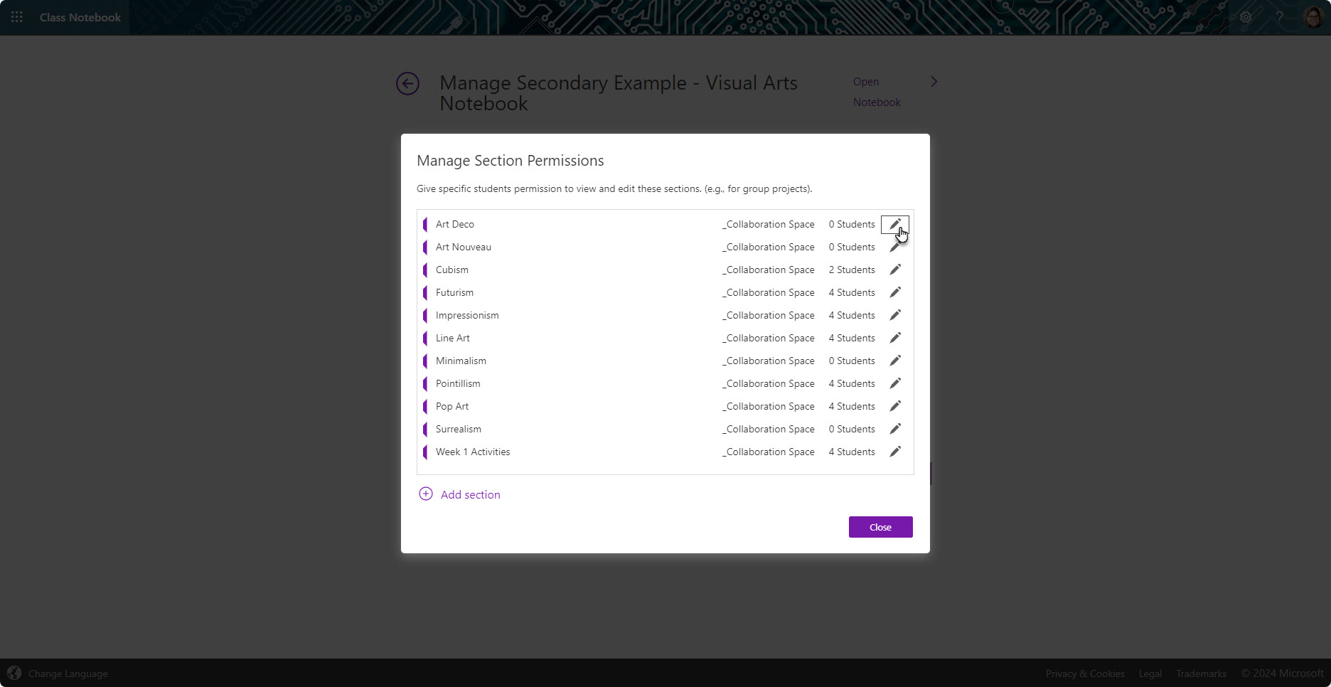 Manage Section Permissions window with each section visible in the Class Notebook Collaboration section.  The sections are each named with a different style of art.  The cursor hovering over the edit icon to the right of the first section Art Deco.