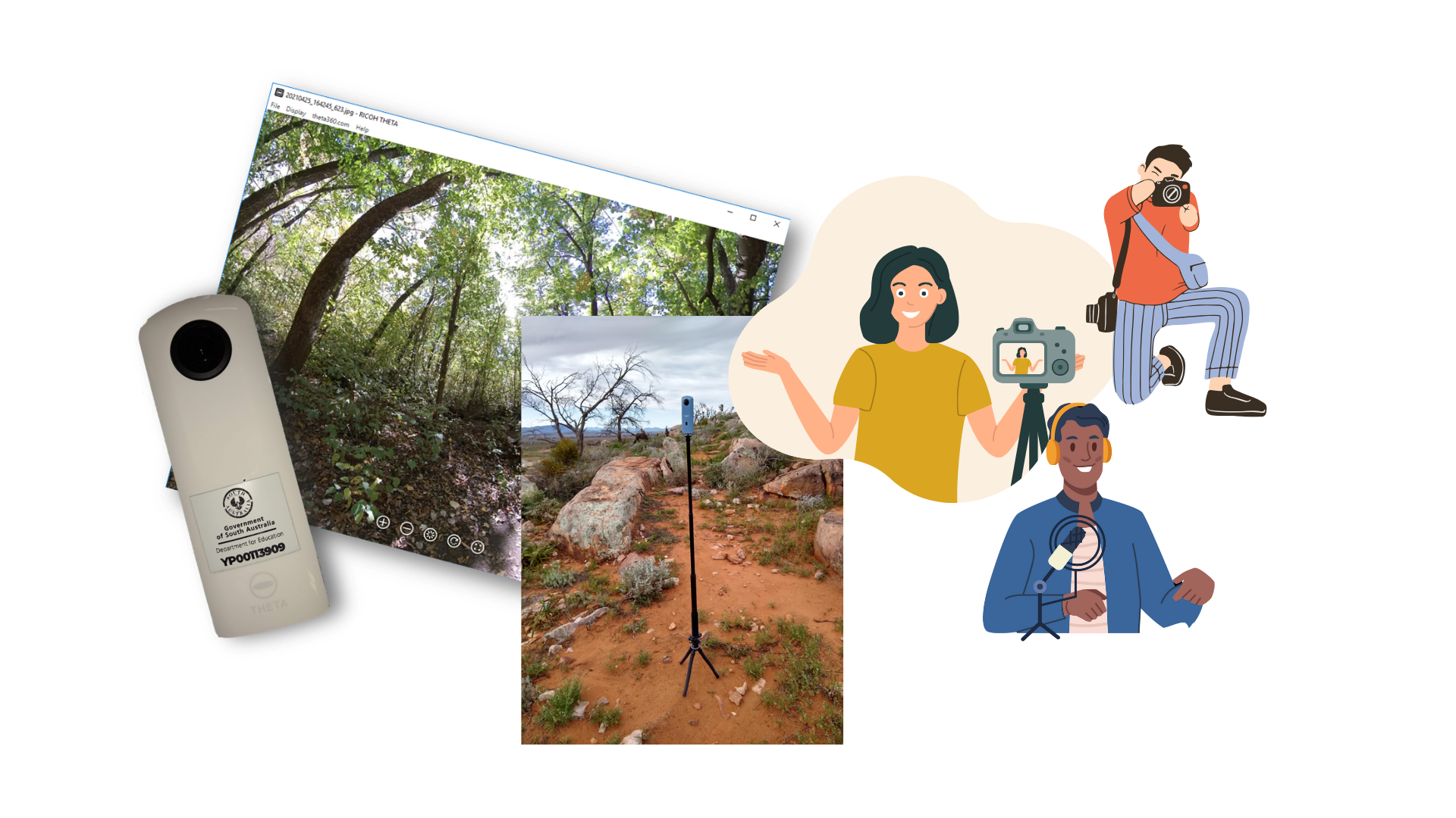 Collage of items you need to create a 360-tour including a 360 camera, a camera on a tripod, a camera filming a lady talking, a man taking a photo and a man recording audio with a microphone. 