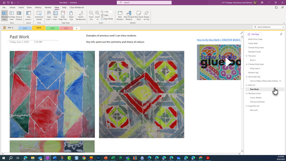 A OneNote page titled &lsquo;past work&rsquo; with images of students&rsquo; glue Batik designs and an embedded video with the instructions.