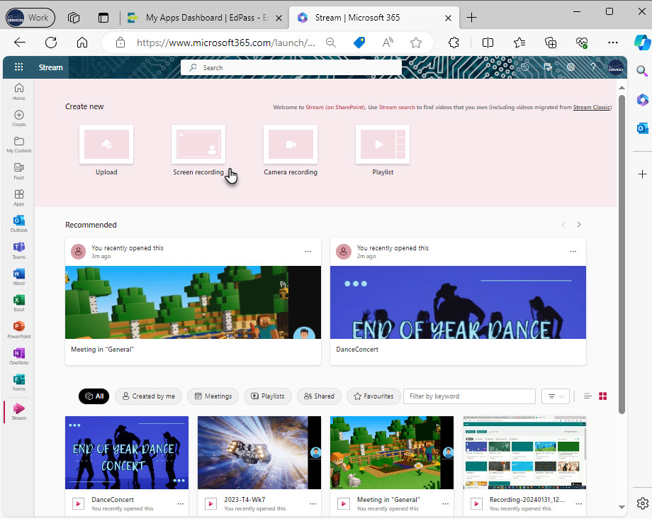 Microsoft Stream home screen shown with options to create new videos in the top ribbon and thumbnails linking to videos in the bottom half of the screen.