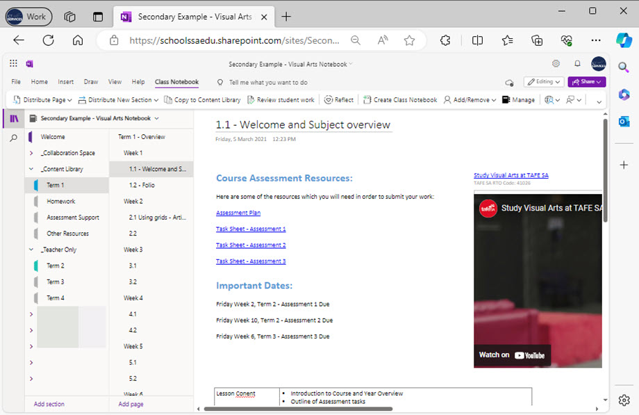 Class Notebook opened in SharePoint with the Content library visible and resources for week 1, lesson 1 &ndash; Welcome and Subject overview. 