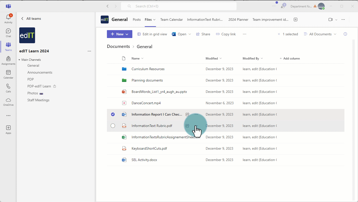 Steps in Microsoft Teams to share a document with another person. In the files folder, click or tap on the 3 dots next to the file name, click or tap &lsquo;share&rsquo;. In the window that pops up enter the @schools email address of the person, select the correct permissions from the drop down next to the email field and click or tap &lsquo;copy link&rsquo;.