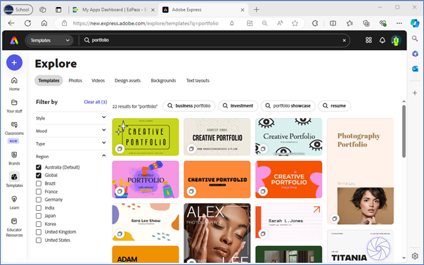 Adobe Express template screen showing with &lsquo;portfolios&rsquo; entered in the search and some filters selected to narrow the results.