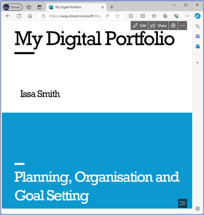 Secondary student digital portfolio example created in Microsoft Sway with a heading, the student&rsquo;s name and a section title: Planning, Organisation and Goal Setting.
