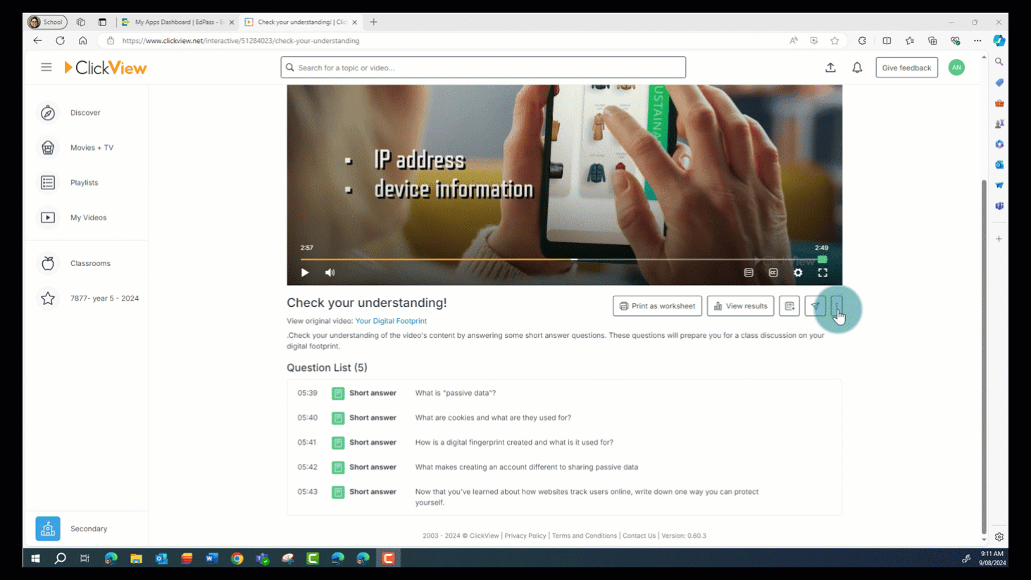 Steps for editing a pre-built interactive in ClickView are shown. The process involves selecting options from a menu after clicking the 3 dots under the video. 