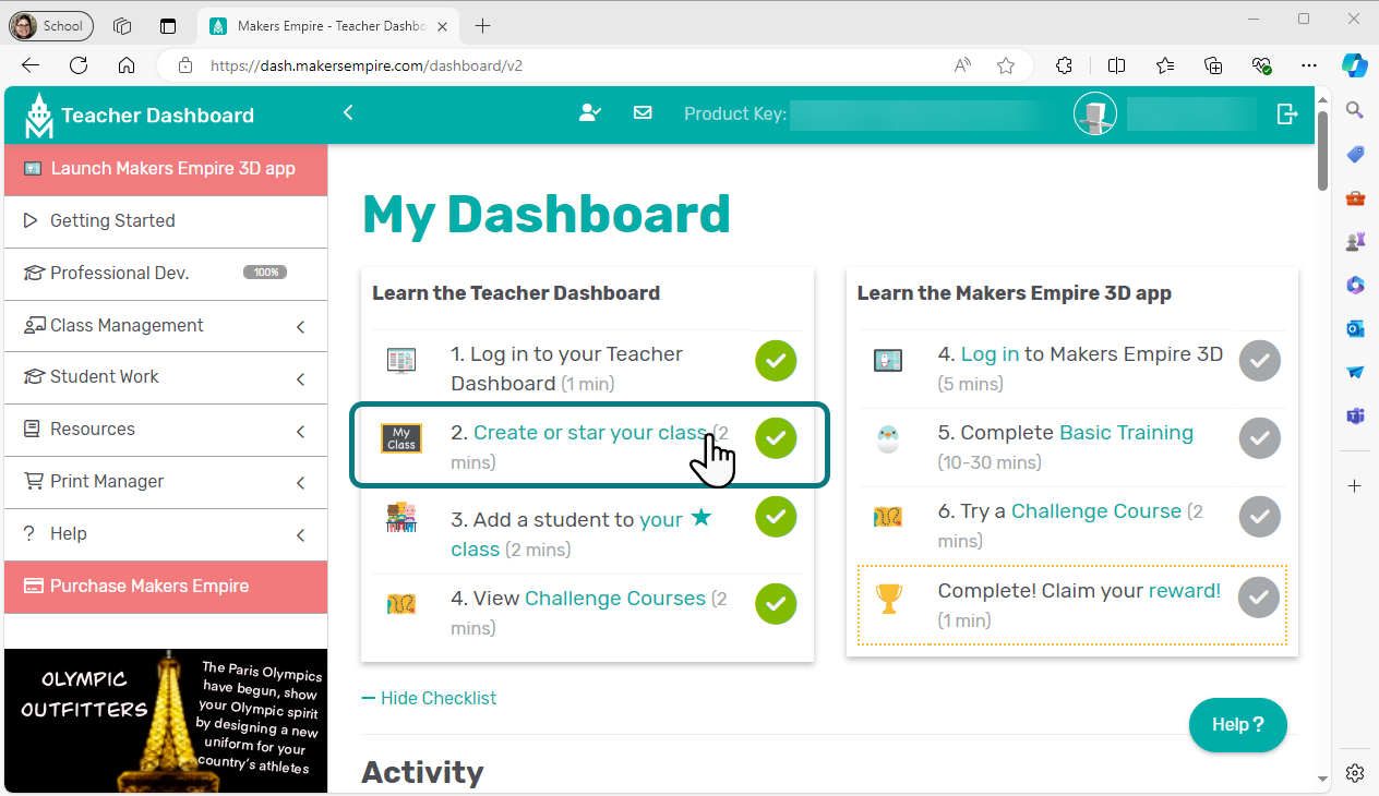 Teacher dashboard home screen with step 2 circled and the cursor hovering over &lsquo;Create or star your class&rsquo;.