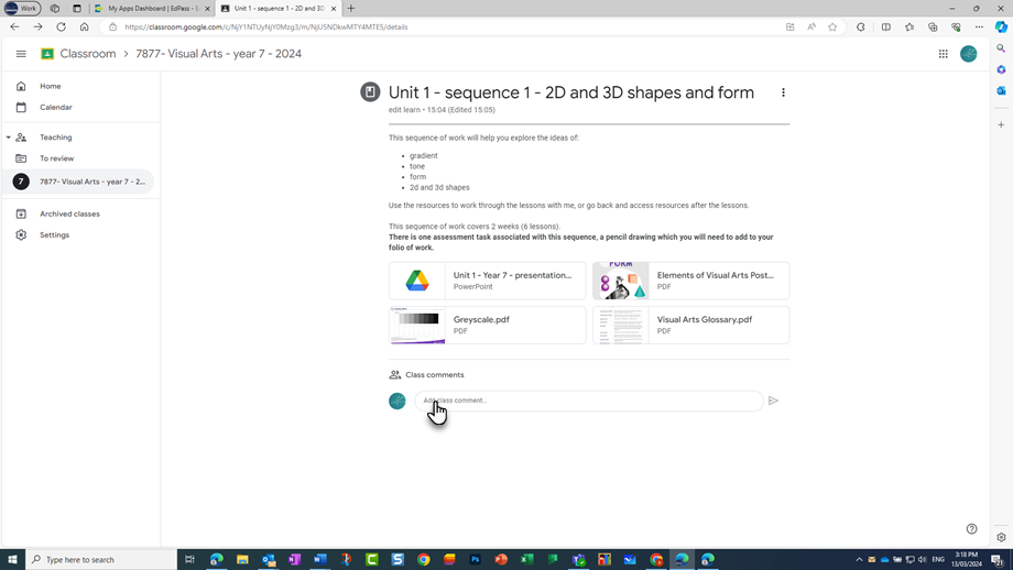 A &lsquo;Classwork&rsquo; module with a text description of the unit of work and 4 thumbnails showing the content added by the teacher for the students to access. The thumbnails link to a PowerPoint and 3 PDFs.