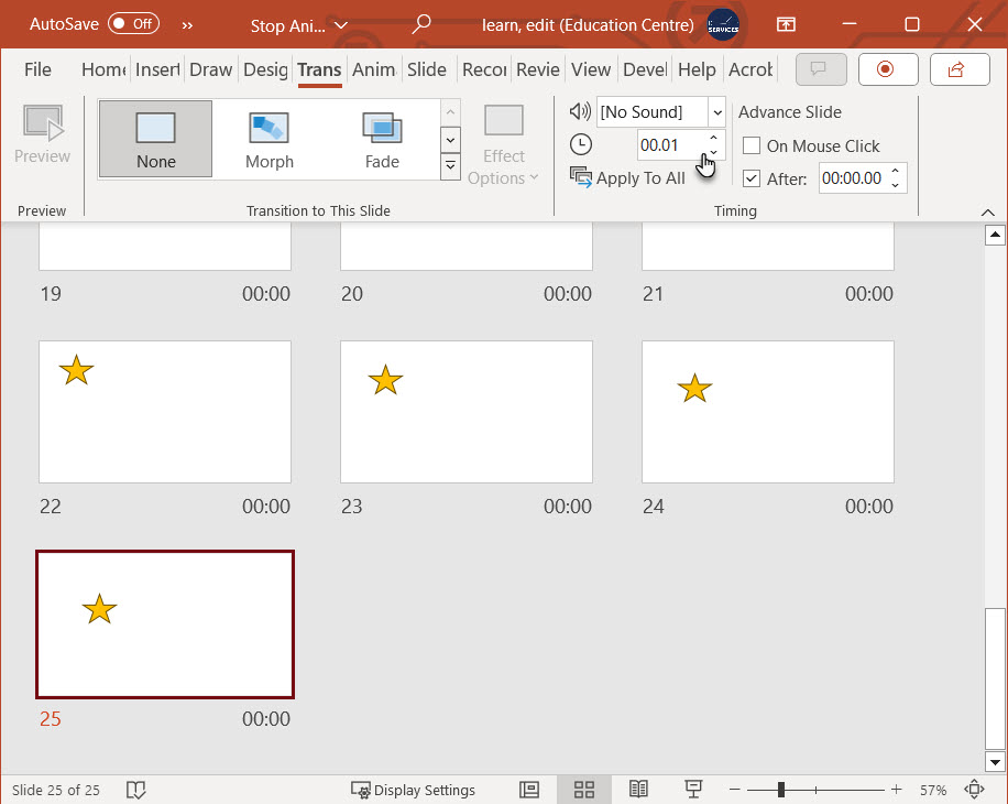 Page view showing slides 19 to 25 with a star graphic which has been slightly moved in each slide. 