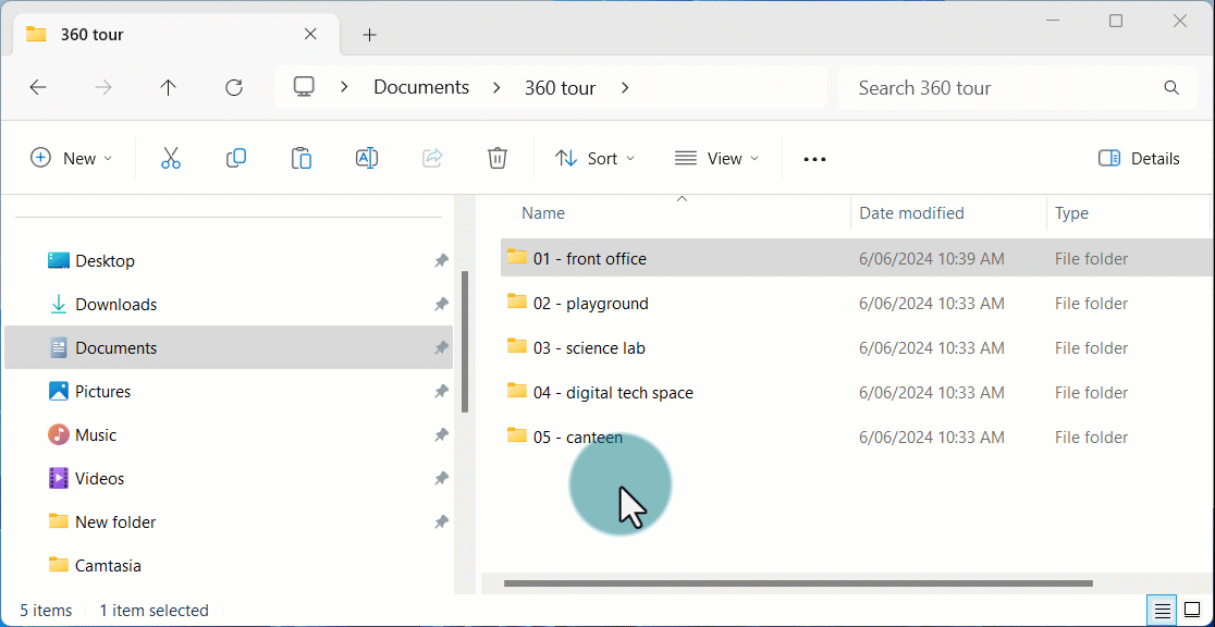 Folder structure shown in File Explorer with 5 different folders, one for each area of a school.  Inside one folder is shown with a Word document, 360 image, audio file and image files.