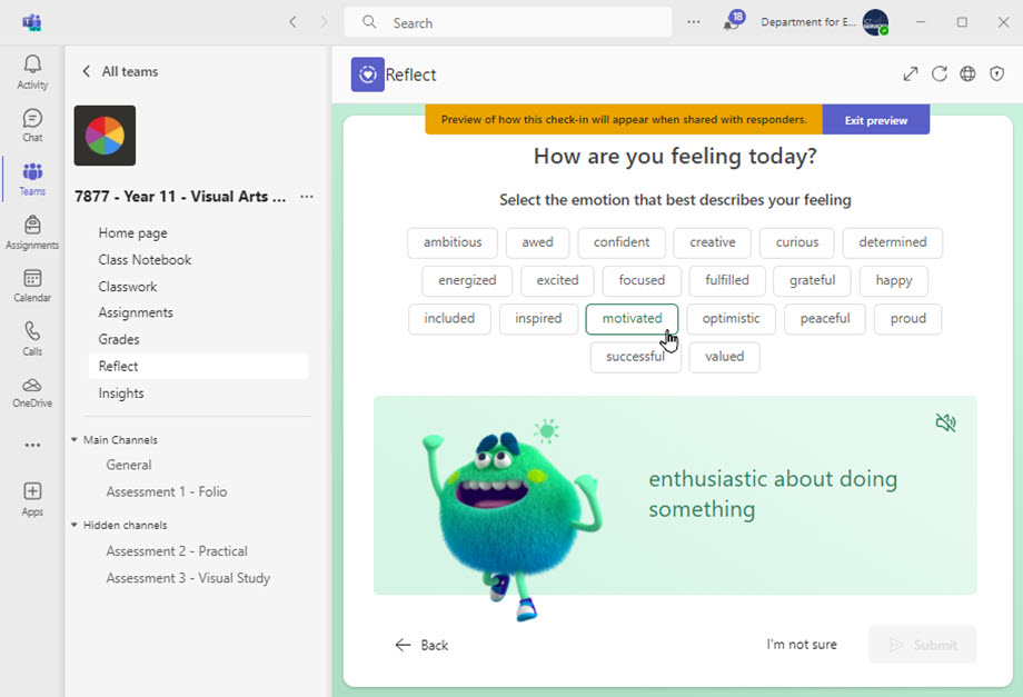 In the &lsquo;reflect&rsquo; section you can ask your students questions. Here&rsquo;s an example of the preview of a wellbeing check-in.