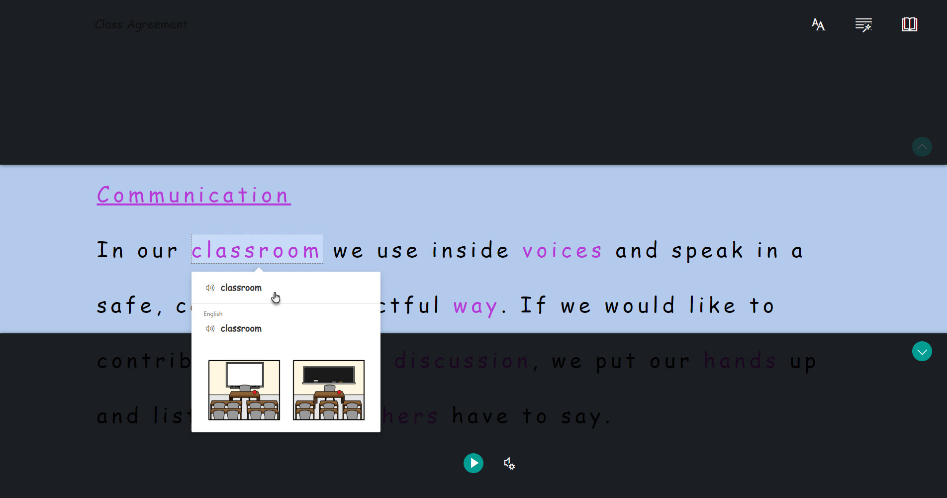 Text displayed in Immersive Reader, the cursor is hovering over the word classroom and an image of a classroom is displayed as a picture prompt.