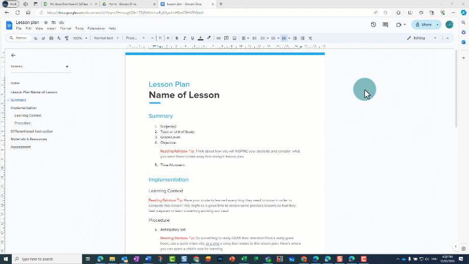 Steps to share a Google Doc from within the document. Click or tap on &lsquo;share&rsquo; in the top right, in the popup window enter in the person&rsquo;s @schools email, select the correct permissions from the dropdown next to the email field and click or tap on the link icon in the bottom left of the window to copy the link.