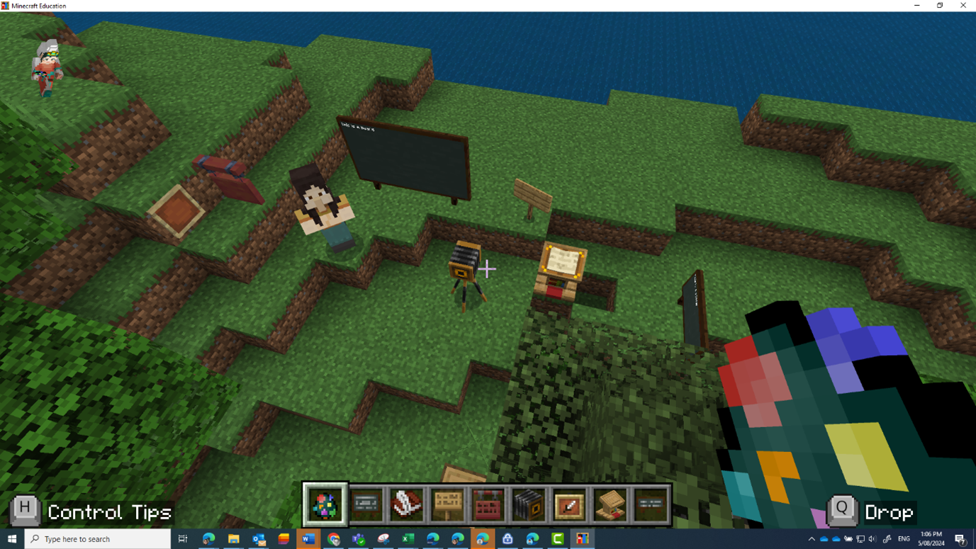 Different tools in the inventory which students and teachers can use for assessment and customisation of worlds in Minecraft Education.  Left to right: NPC, board, book and quill, sign, hanging sign, camera, frame, lectern, poster.