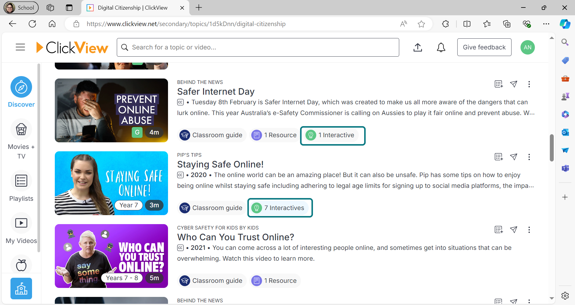 ClickView &lsquo;Discover&rsquo; search results showing three video resources. The top two have a green 'interactive' tag which shows pre-built interactives are ready to use. The third video doesn&rsquo;t have this tag.