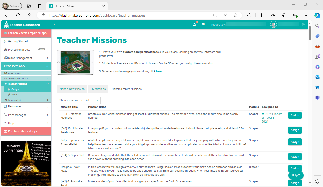 &lsquo;Makers Empire Missions&rsquo; tab in the assign section of the &lsquo;Teacher Missions&rsquo; submenu. Each mission is listed with a module category, grade level and a teal 'Assign' button to the right.