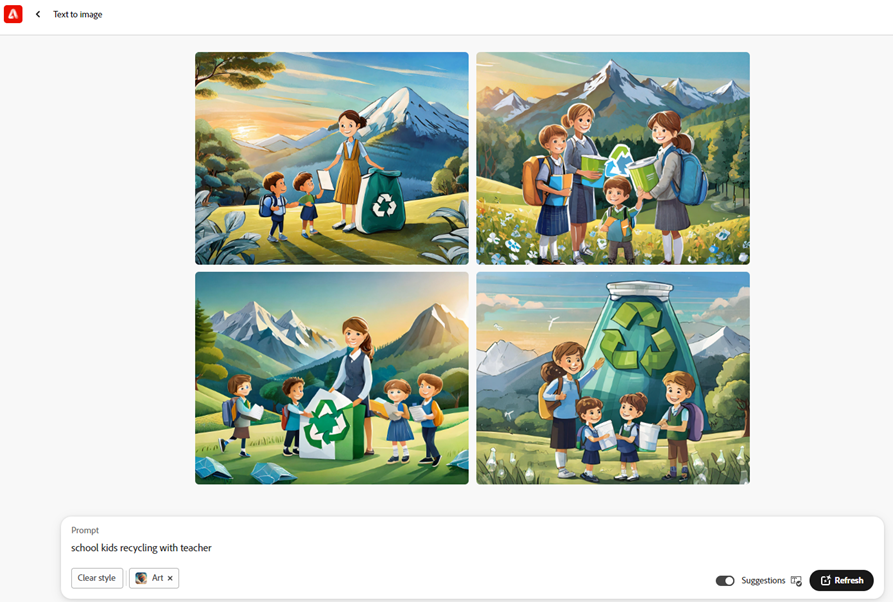 Adobe firefly has suggested 4 options for the text prompt &lsquo;schools recycling with teacher&rsquo;. Images include student children and a teacher next to a container with the recycling symbol.