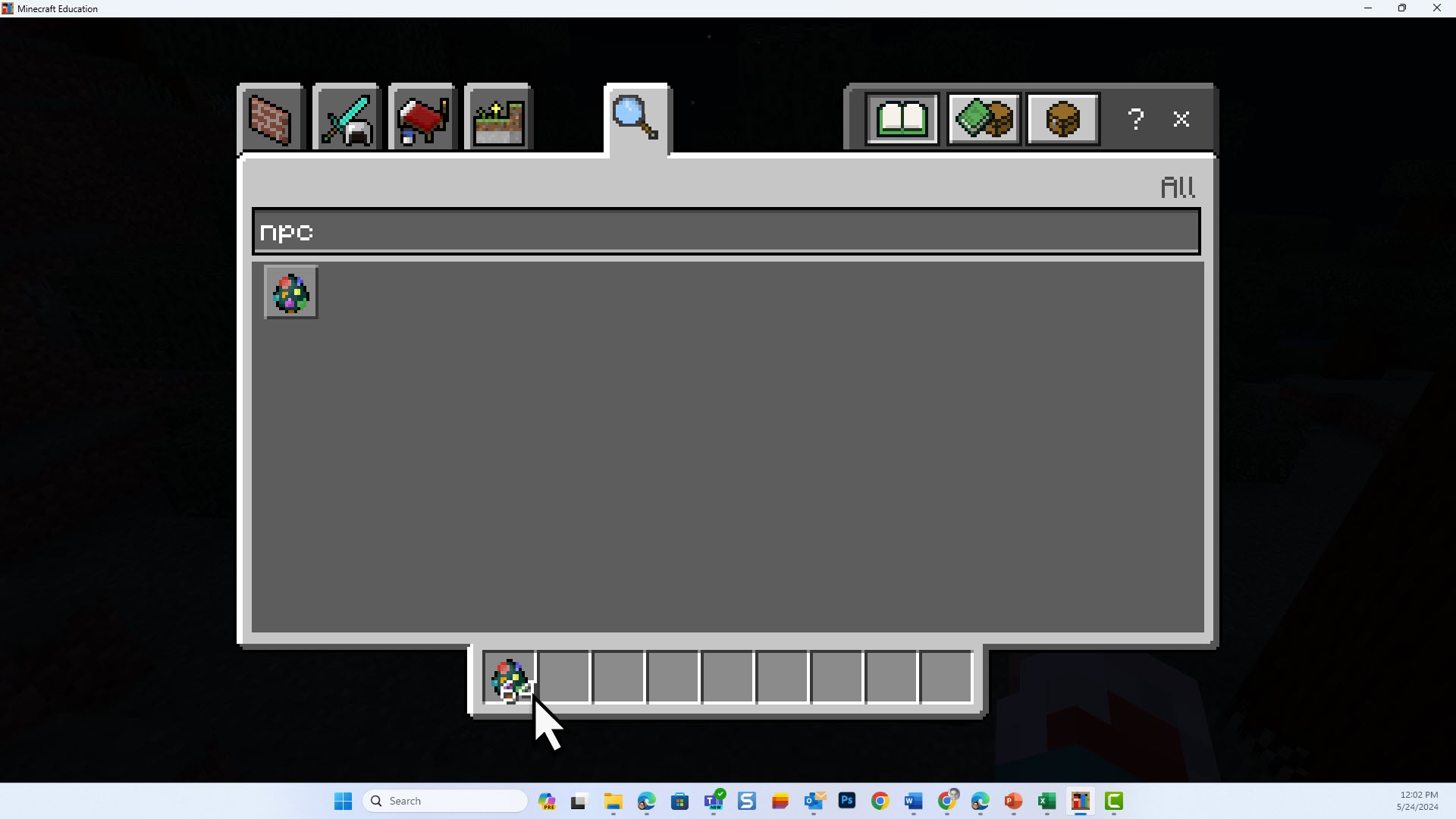 Inventory with NPC egg showing selected and placed in the inventory tray.