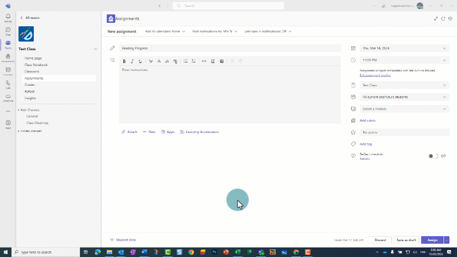 Steps for adding a Reading Progress text to an assignment and have AI generate the comprehension questions. Select the learning accelerators option in the assignment window, choose a text, toggle on the add comprehension, click generate questions.