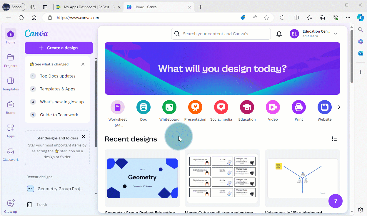 Home screen with mouse clicking on the whiteboard option to access a Canva Whiteboard.