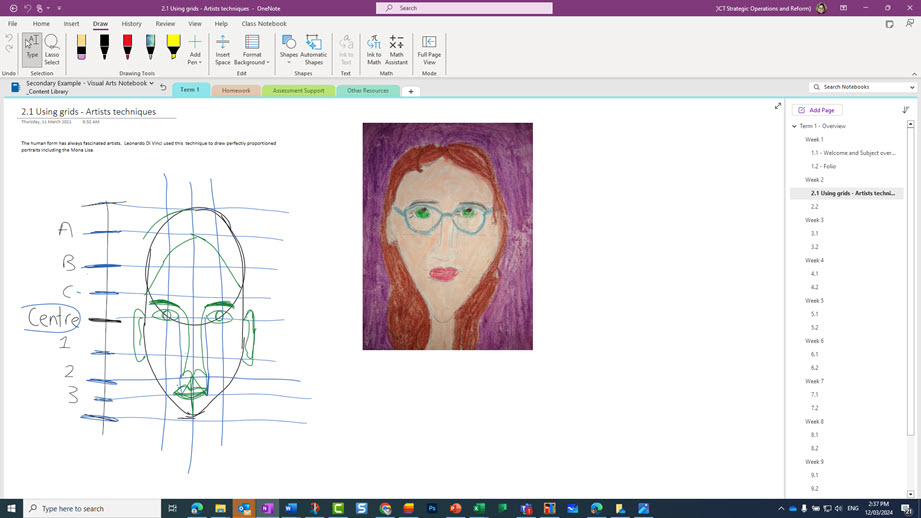 An example page from the Content library showing an example of a self-portrait drawn by a student and instructions around how to draw a self-portrait using the grid method drawn with a pen tool.