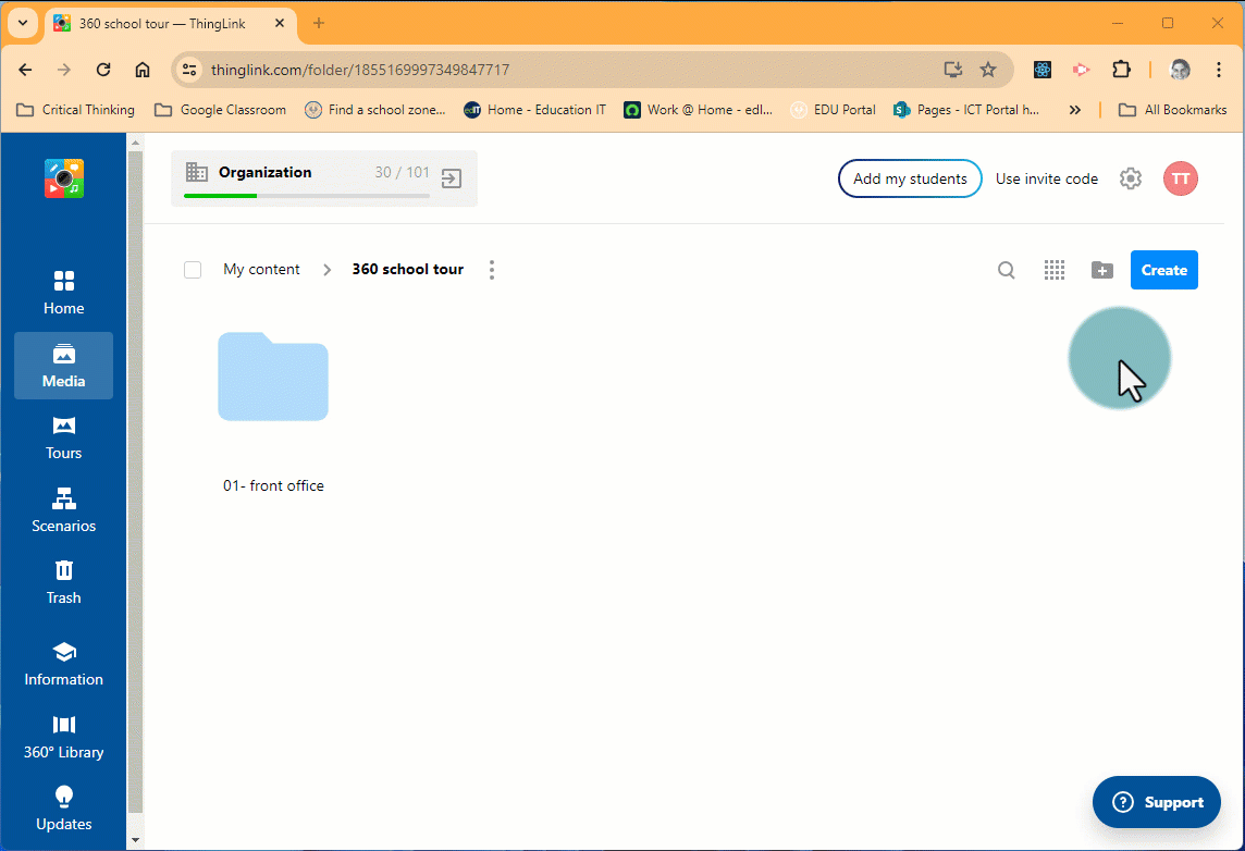 Steps show how to add a new folder to your content in Thinglink including clicking on the Create folder icon in the top right, naming your folder and clicking Create.