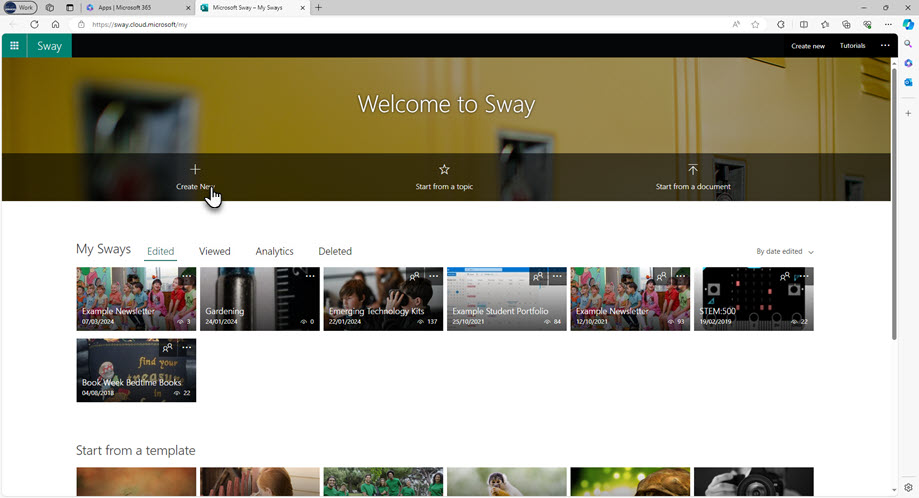 Alt text: Microsoft Sway home screen with the cursor hovering over Create New.