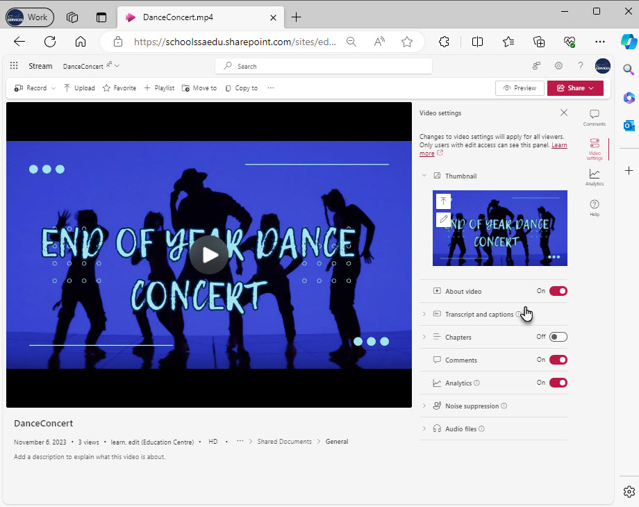 Screen showing the video settings for a video called &lsquo;end of year dance concert&rsquo;.  Cursor hovering over the &lsquo;transcript and captions&rsquo; option.