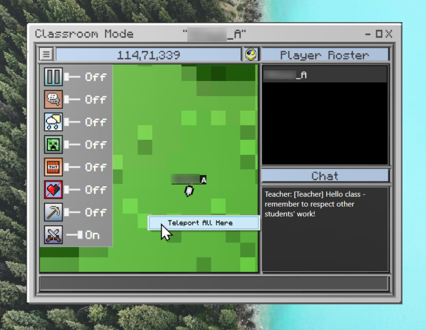 Classroom Mode for Minecraft with the settings menu visible in the left drop down and the &lsquo;teleport all here&rsquo; pop-up visible in the map view pane.