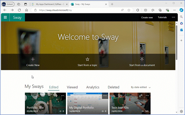 Screen recording of someone beginning to create a Sway. They put in title text, add a second title and add a group component to the Sway.