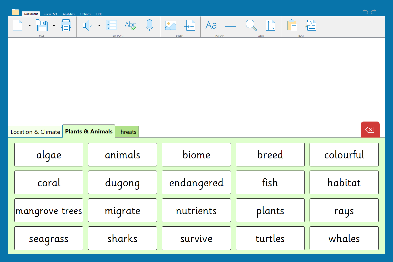 An example LearningGrid designed to help students write about aquatic animals. The grid has four columns and five rows filled with various words, including names of different plants and animals.