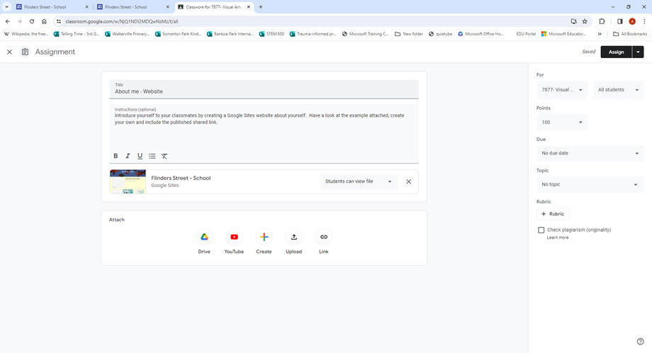 The assignment feature in a Google Classroom is show with a Google Site attached to the assignment.