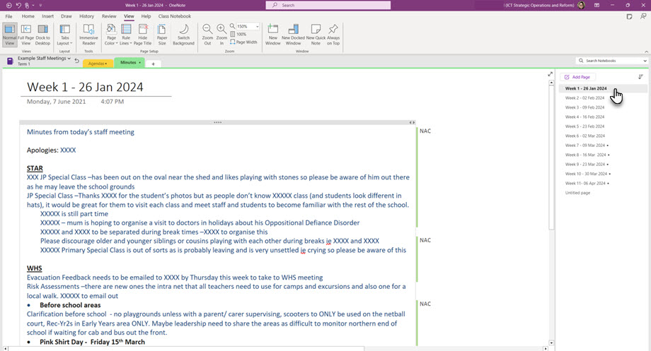 Staff meeting OneNote example showing the typed minutes of a staff meeting and the easy navigation to each week&rsquo;s staff meeting minutes in the right navigation menu.