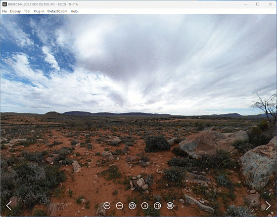 360 photo taken with the setup shown in the previous image. It&rsquo;s on autorotate showing a mountain range and landscape of the Flinders Ranges.