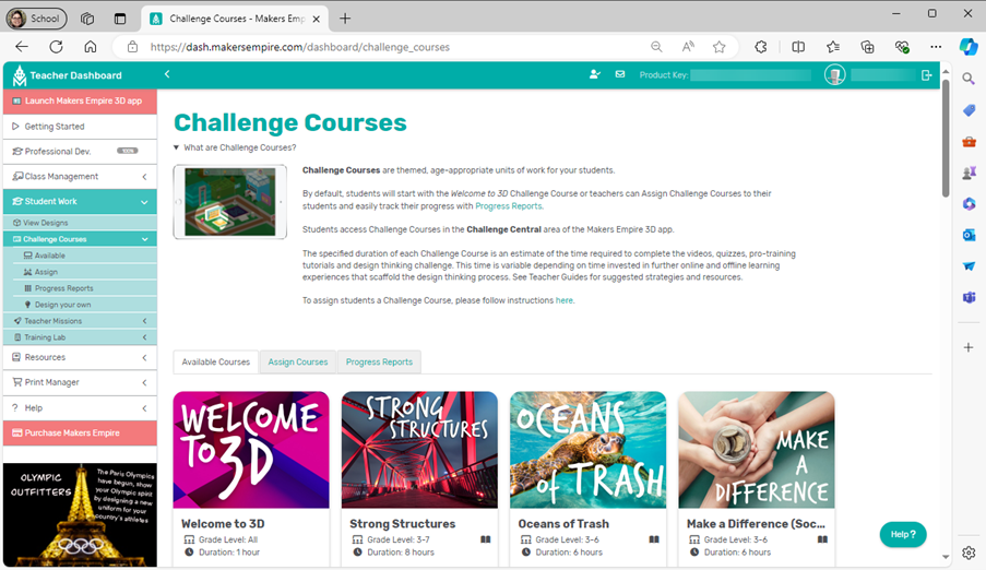 A panel on the &lsquo;Challenge Courses&rsquo; page showing a description of challenge courses and tiles for different courses available. There are additional tabs for assigning courses and accessing class progress reports.
