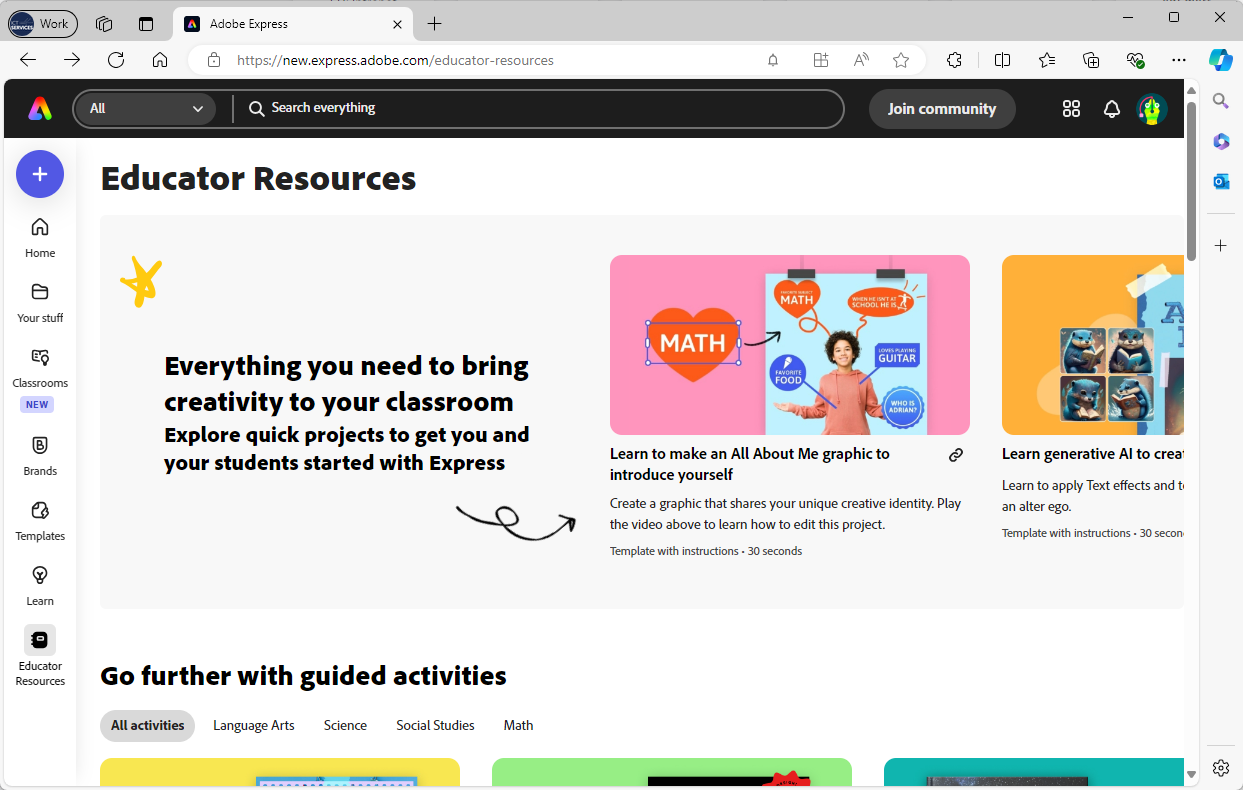 ‘Educator Resources’ page showing quick projects.  Under the quick projects are thumbnails which link to guided activities.