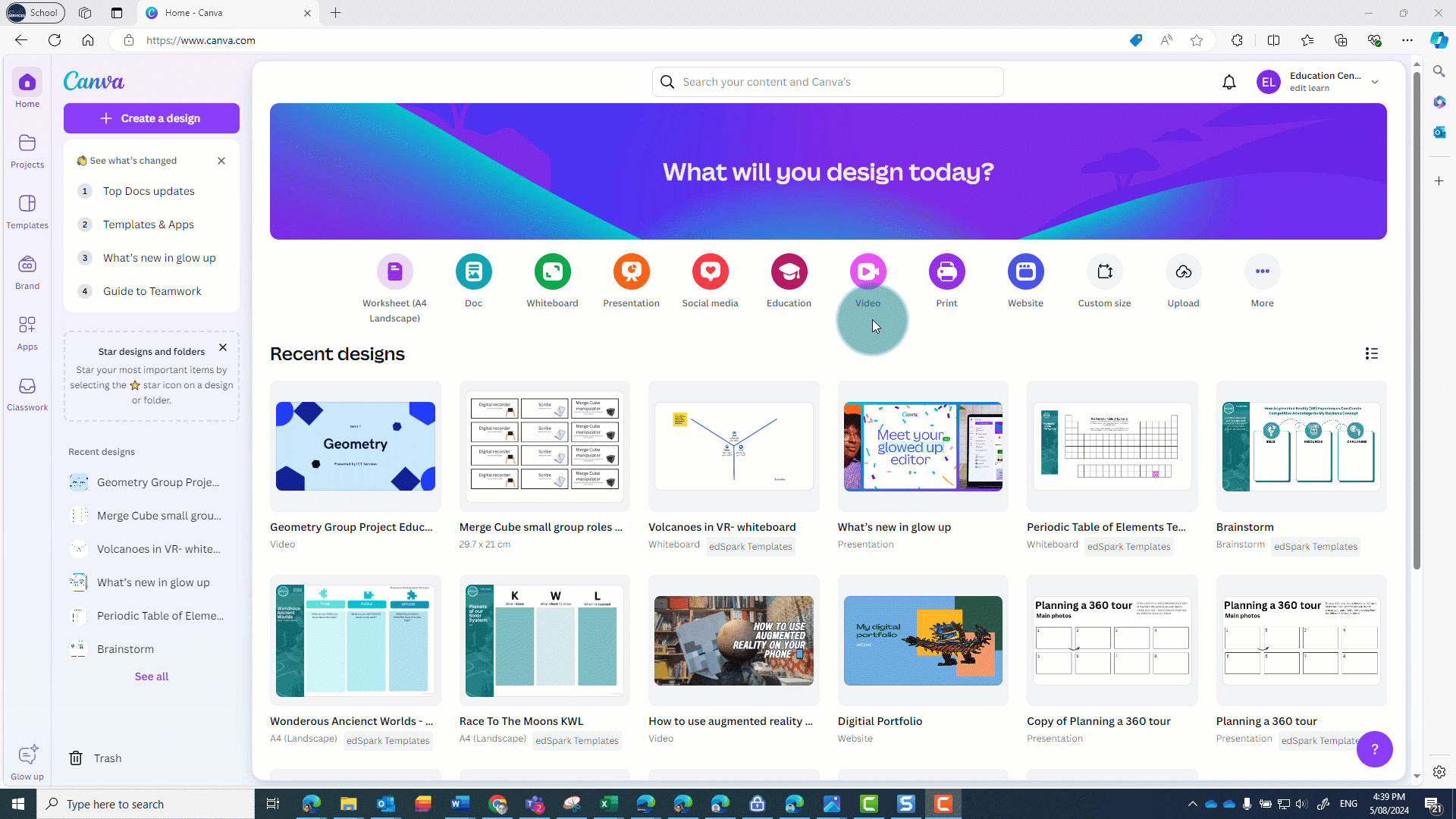 You can access the video creating tool in Canva from the home screen by selecting the &lsquo;videos&rsquo; icon underneath the search bar.