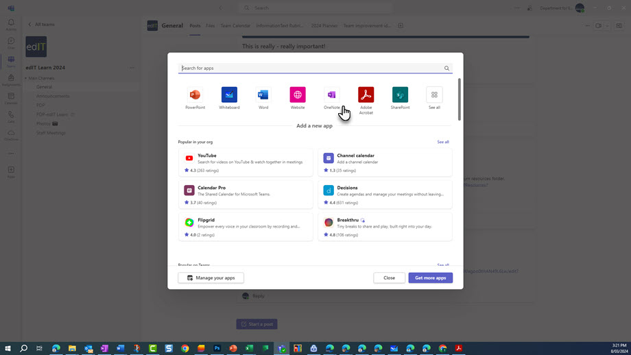Screenshot of the &lsquo;add app&rsquo; screen within Microsoft Teams, cursor hovering over the OneNote icon.