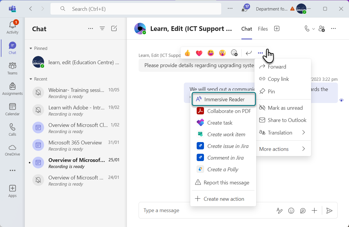 Locating the Immersive Reader option in Teams chat. The cursor is hovering over the ellipsis. Immersive Reader is the top option from the &lsquo;more actions&rsquo; menu.