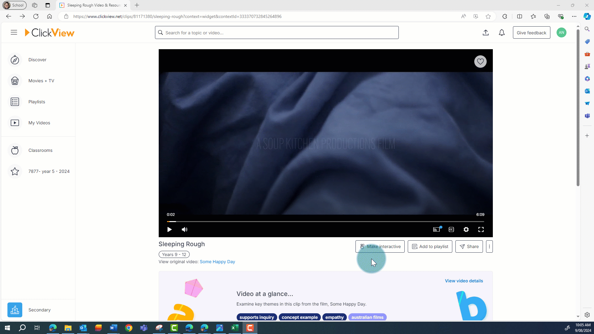 A video shows the process for creating a new interactive in ClickView. It outlines how to select the video timeline and add an interactive question.