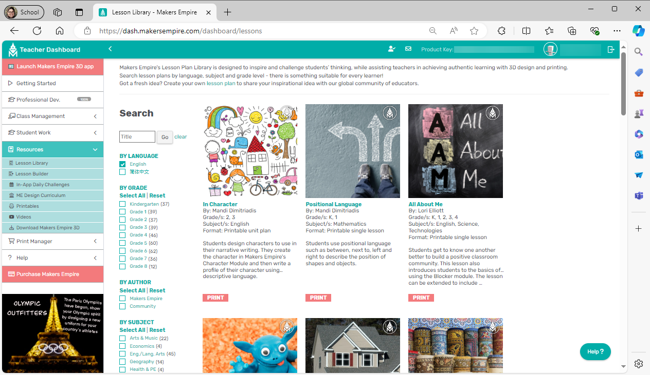 &lsquo;Resources&rsquo; section in the teacher dashboard showing different resources available. The main panel displays the &lsquo;Lesson Library&rsquo; filtered by beginner level. Lessons are shown as picture tiles with the relevant grade, subject and format and short descriptions.