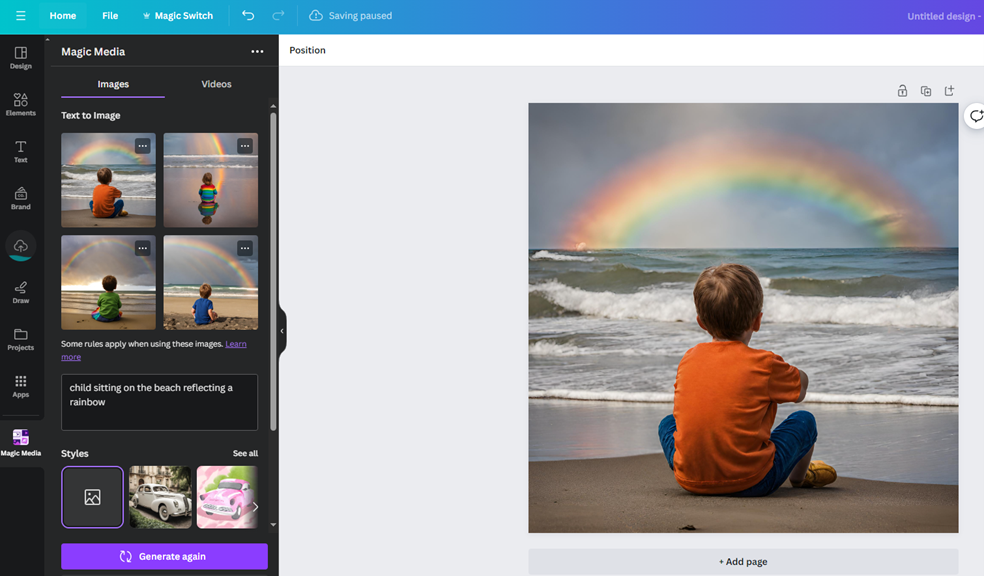 Canva Magic generated image from the text prompt &lsquo;child sitting on the beach reflecting a rainbow&rsquo;.  4 images are suggested.
