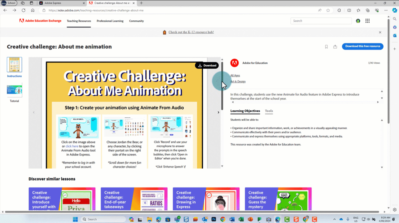 A webpage with ‘The Creative Challenge: About Me animation instructions’ and an option to download.  The cursor scrolls down to view the resource and selects the link to the sharable template.  This opens to show an animation character on a blue background with speech bubbles placed around the page.